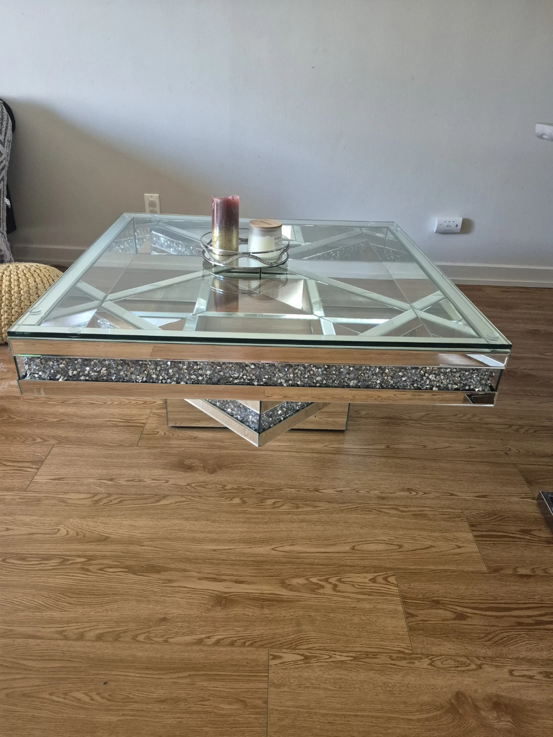 Square Mirrored Coffee Table with Crushed Diamond Accent