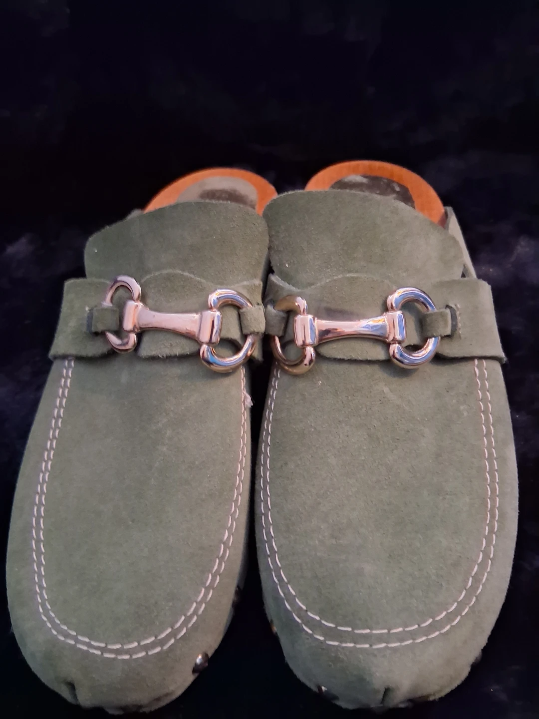 Green Suede Clogs with Gold Buckle Accent