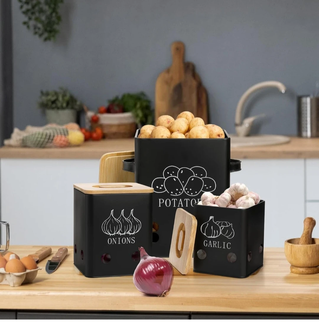 WUWEOT 3 Pack Vegetable Storage Tins, Potato Onion Garlic Sto...