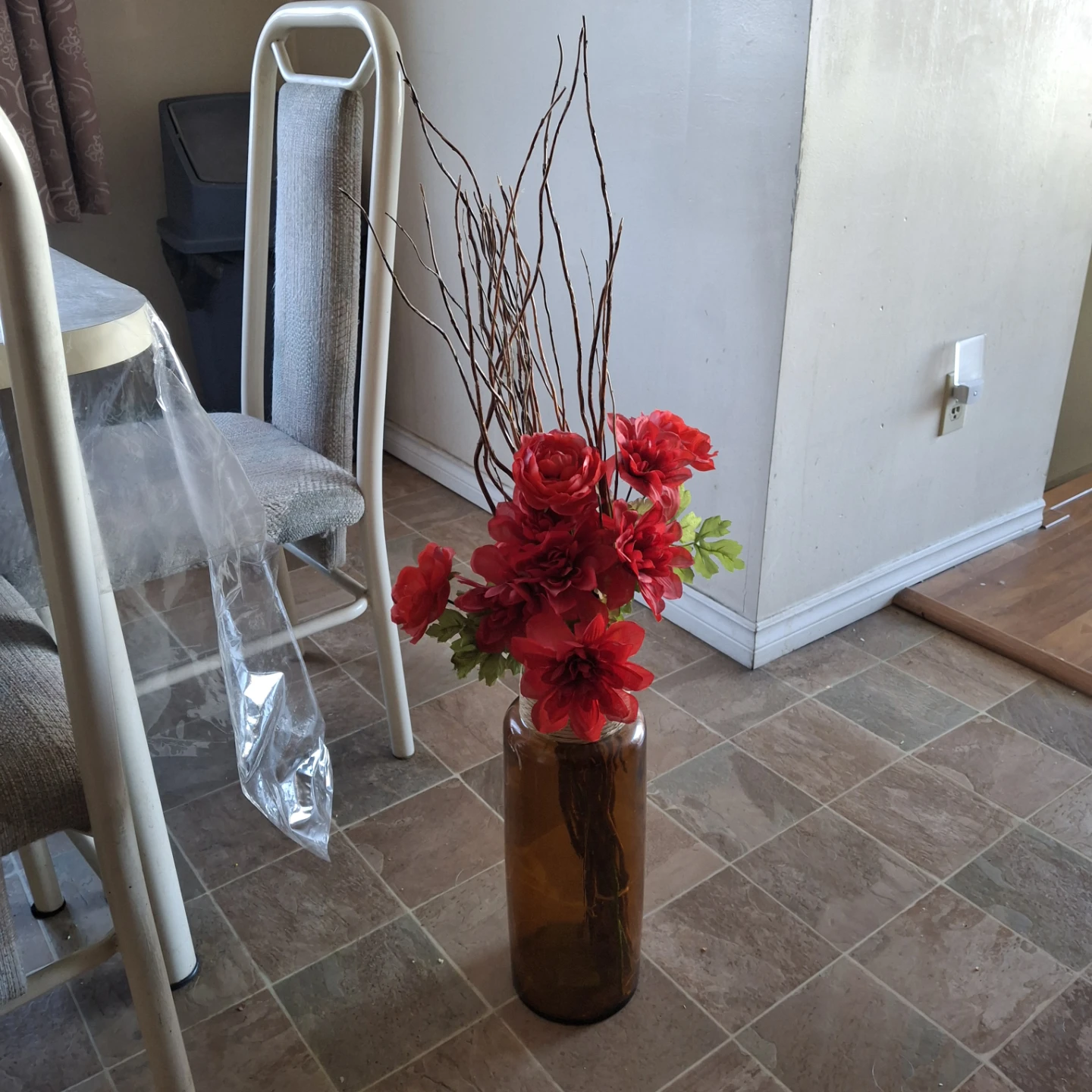 Amber Glass Vase Red Flowers and Branches - photo 4