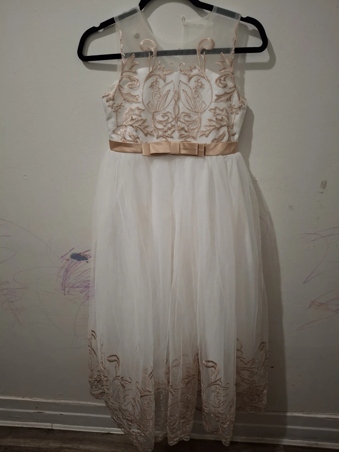 White Flower Girl Dress with Rose Gold Embroidery and Bow