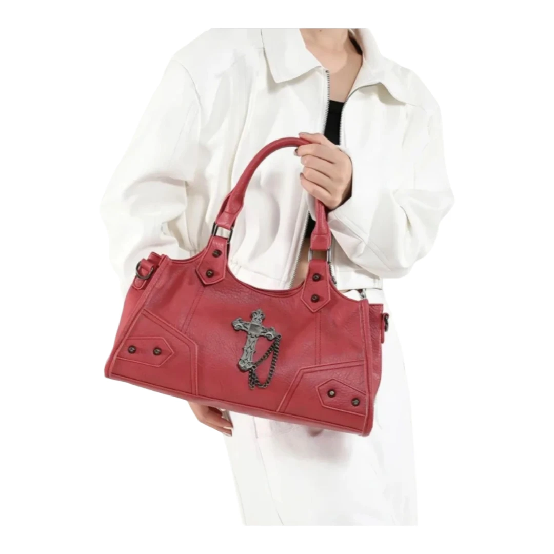 Red Faux Leather Handbag with Cross Charm and Detachable Strap - photo 4