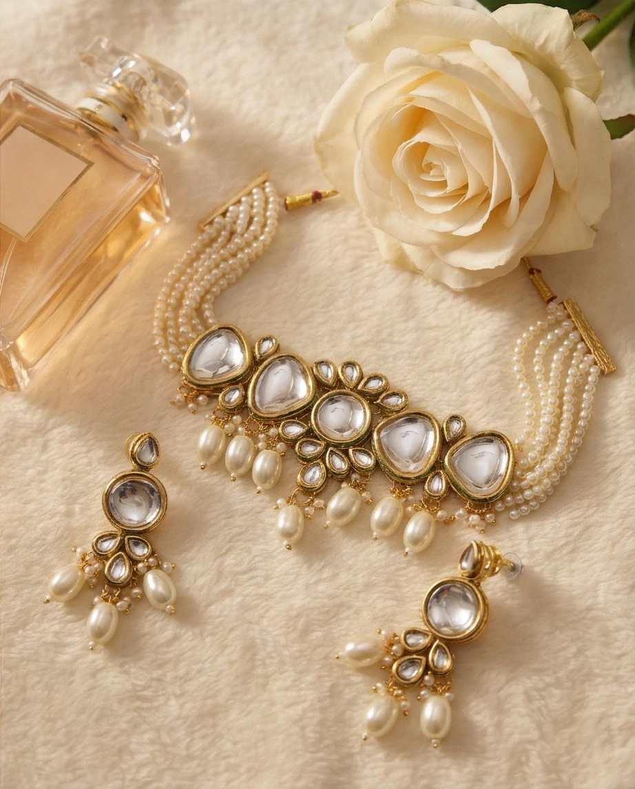 Pearl and Kundan Choker Necklace Set with Earrings