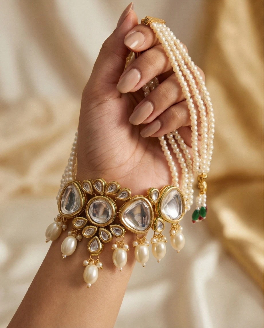 Pearl and Kundan Choker Necklace Set with Earrings - photo 2