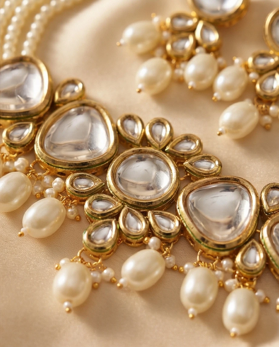 Pearl and Kundan Choker Necklace Set with Earrings - photo 3