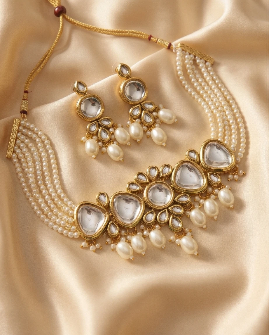 Pearl and Kundan Choker Necklace Set with Earrings - photo 4