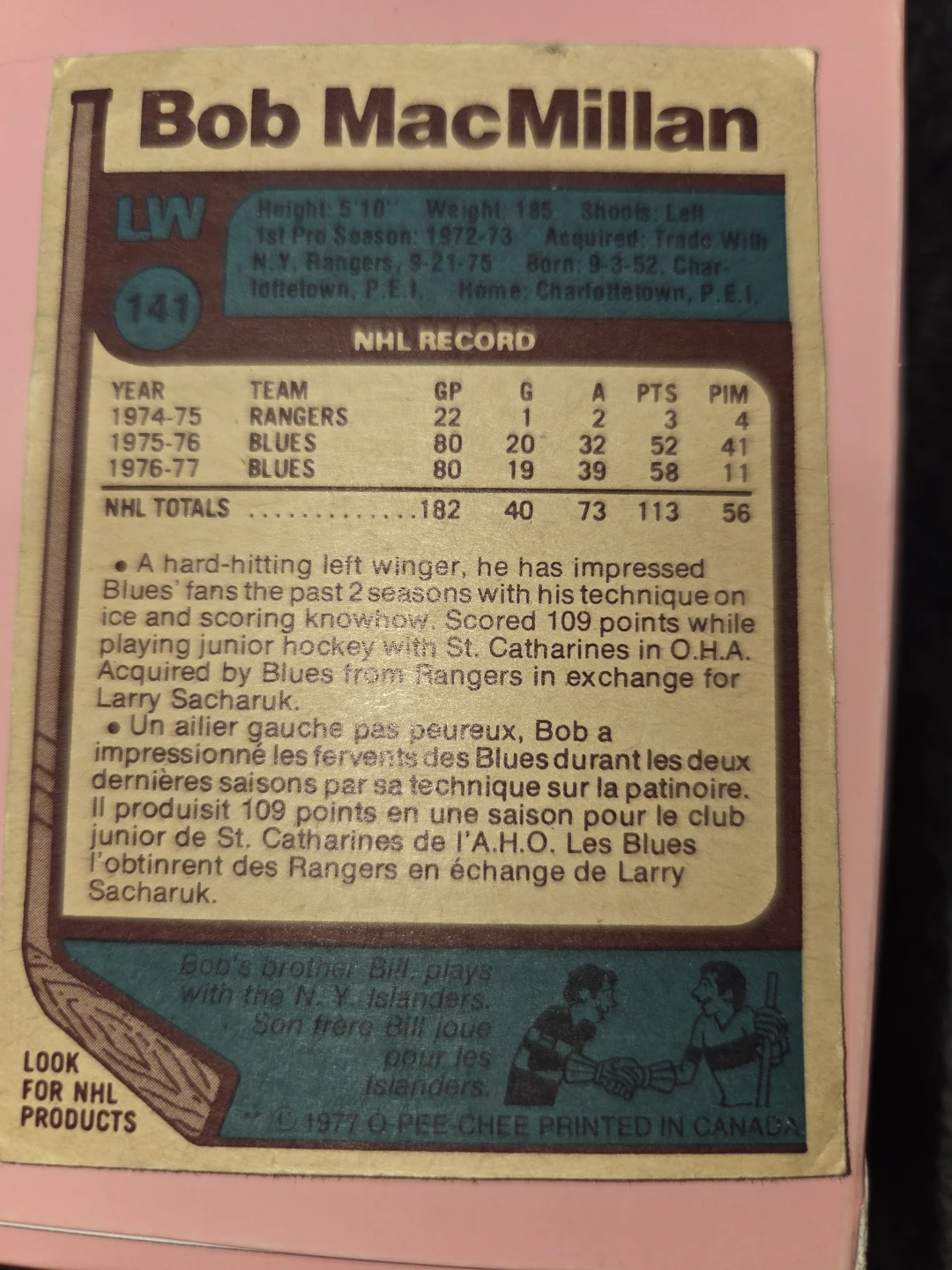 1977 O-Pee-Chee Bob MacMillan Hockey Card - photo 2