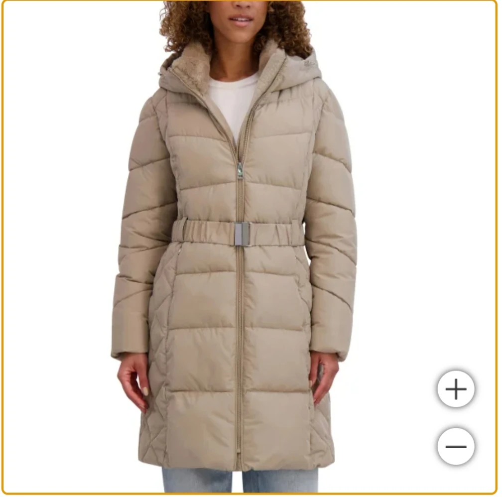 Women's Beige Puffer Coat with Hood and Belt