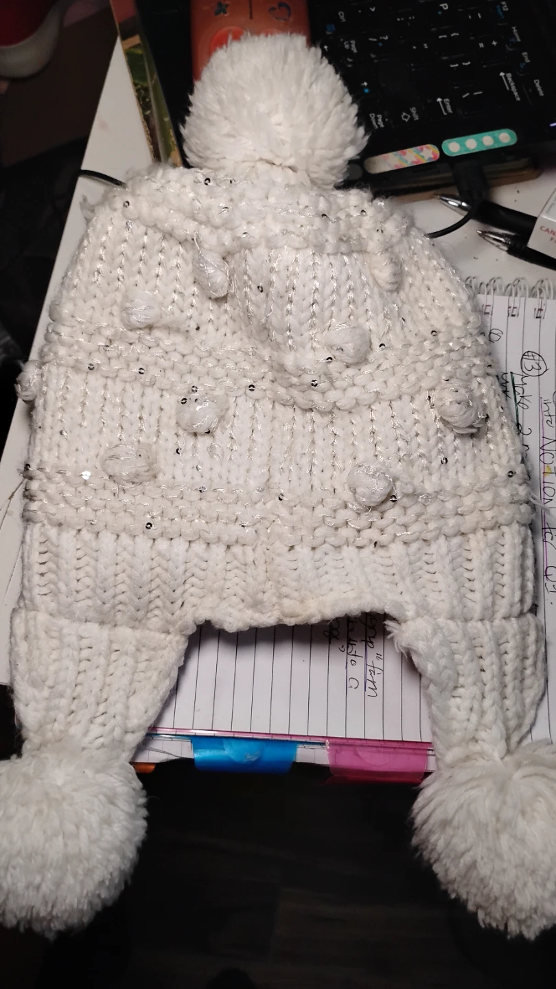 🧡White Knit Winter ❄️ Pom Pom Hat with Sequins