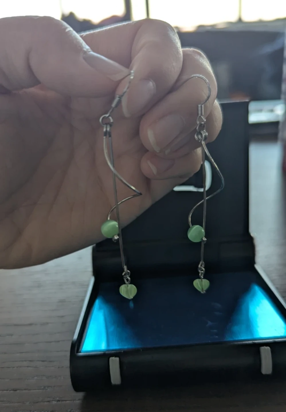 Green Bead and Heart Dangle Earrings 🏆