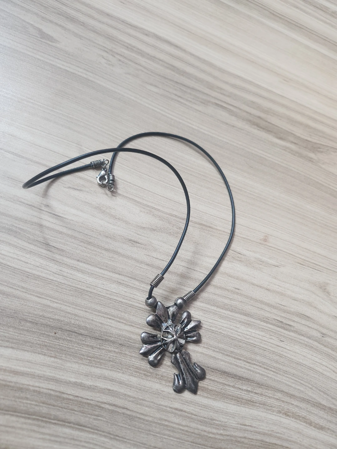 Silver Cross Pendant Necklace with Leather Cord - photo 2