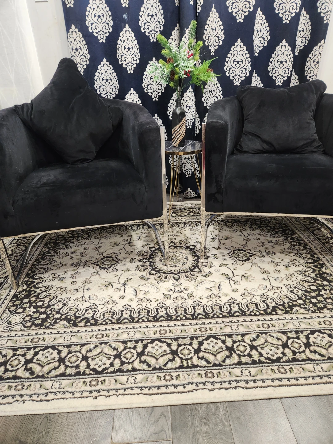 Pair of Black Velvet Accent Chairs with Chrome Legs