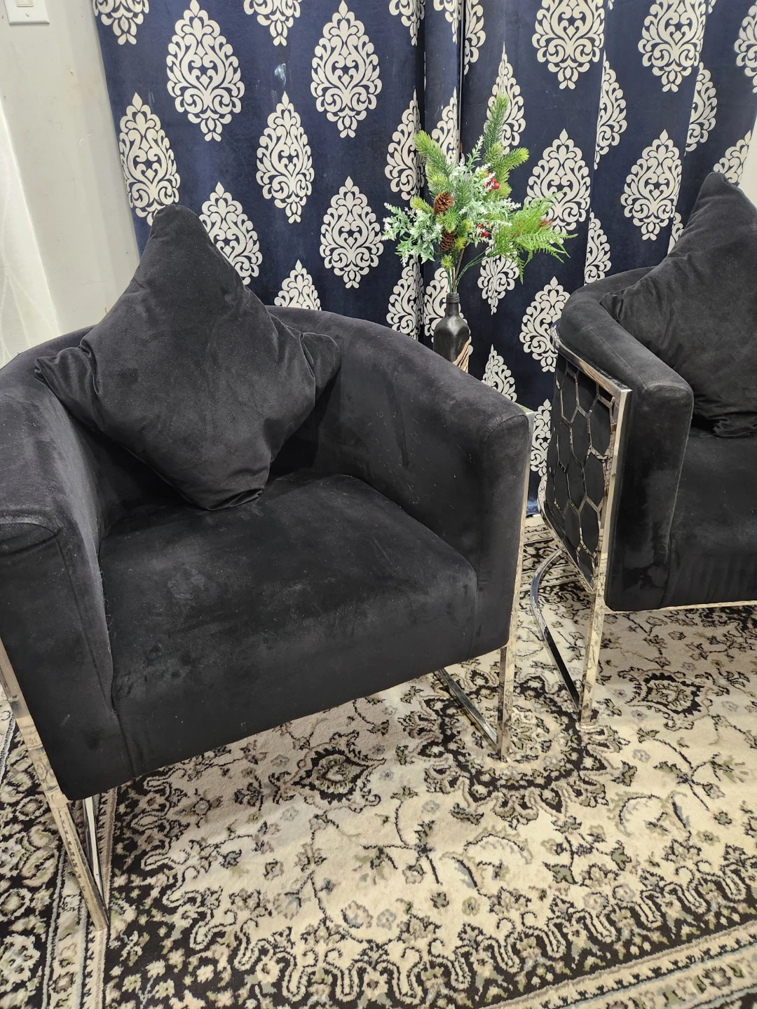 Pair of Black Velvet Accent Chairs with Chrome Legs - photo 4