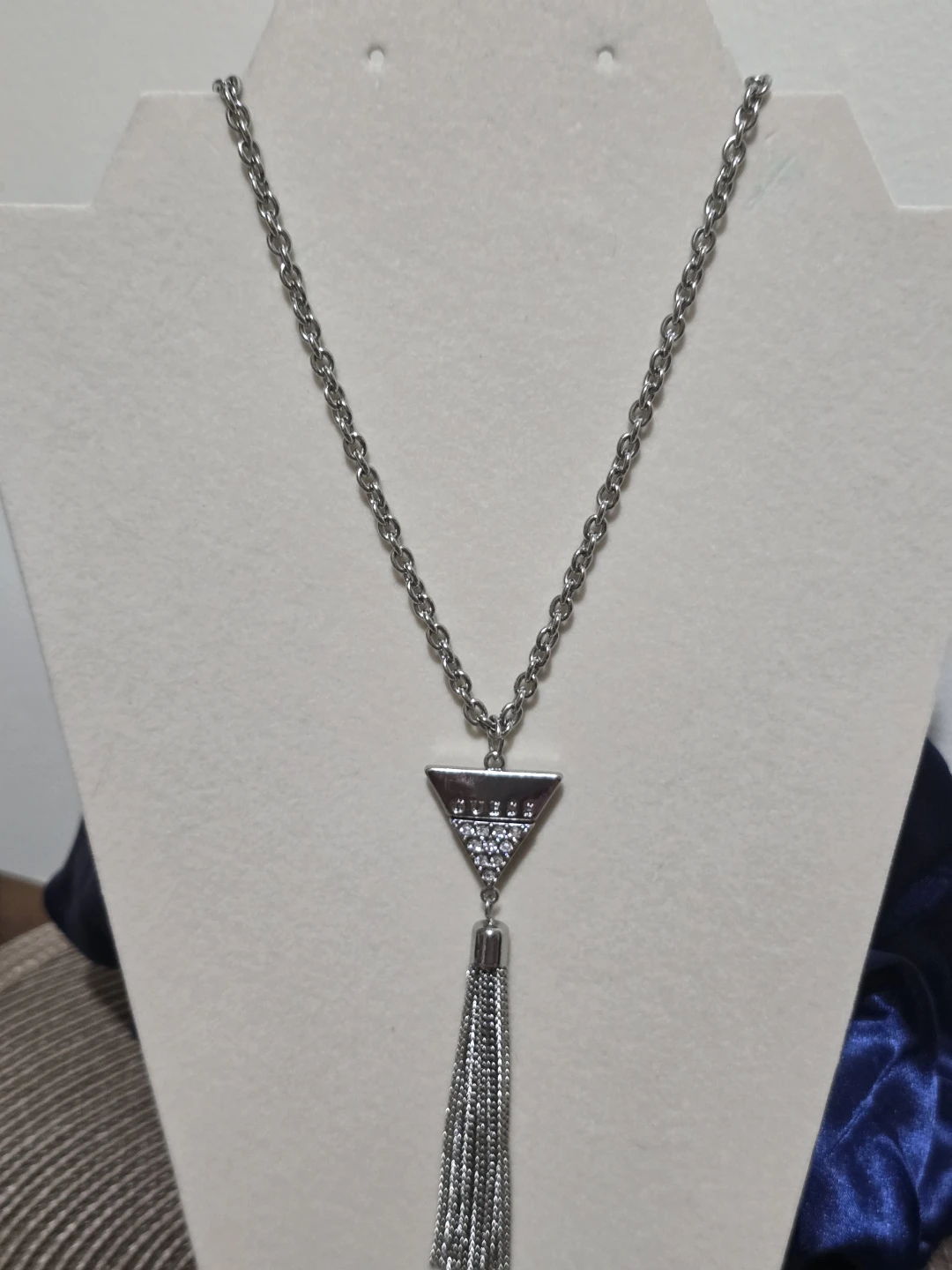 Guess Silver Tone Necklace with Triangle Charm and Tassel