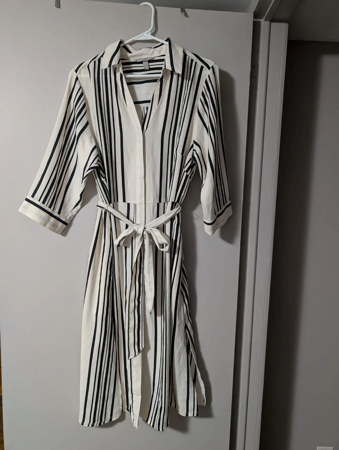 Cream and Black Striped Midi Dress