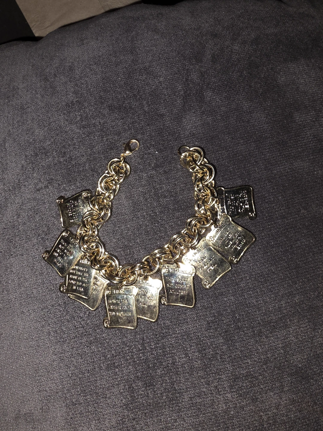 Gold Tone Charm Bracelet Ten Commandments