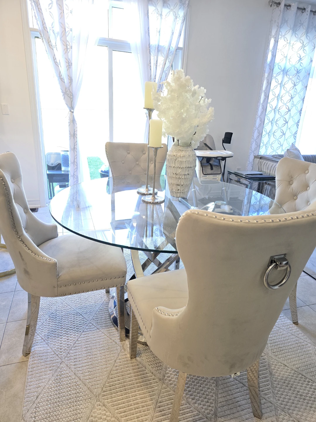 Glass Dining Table with Upholstered Chairs