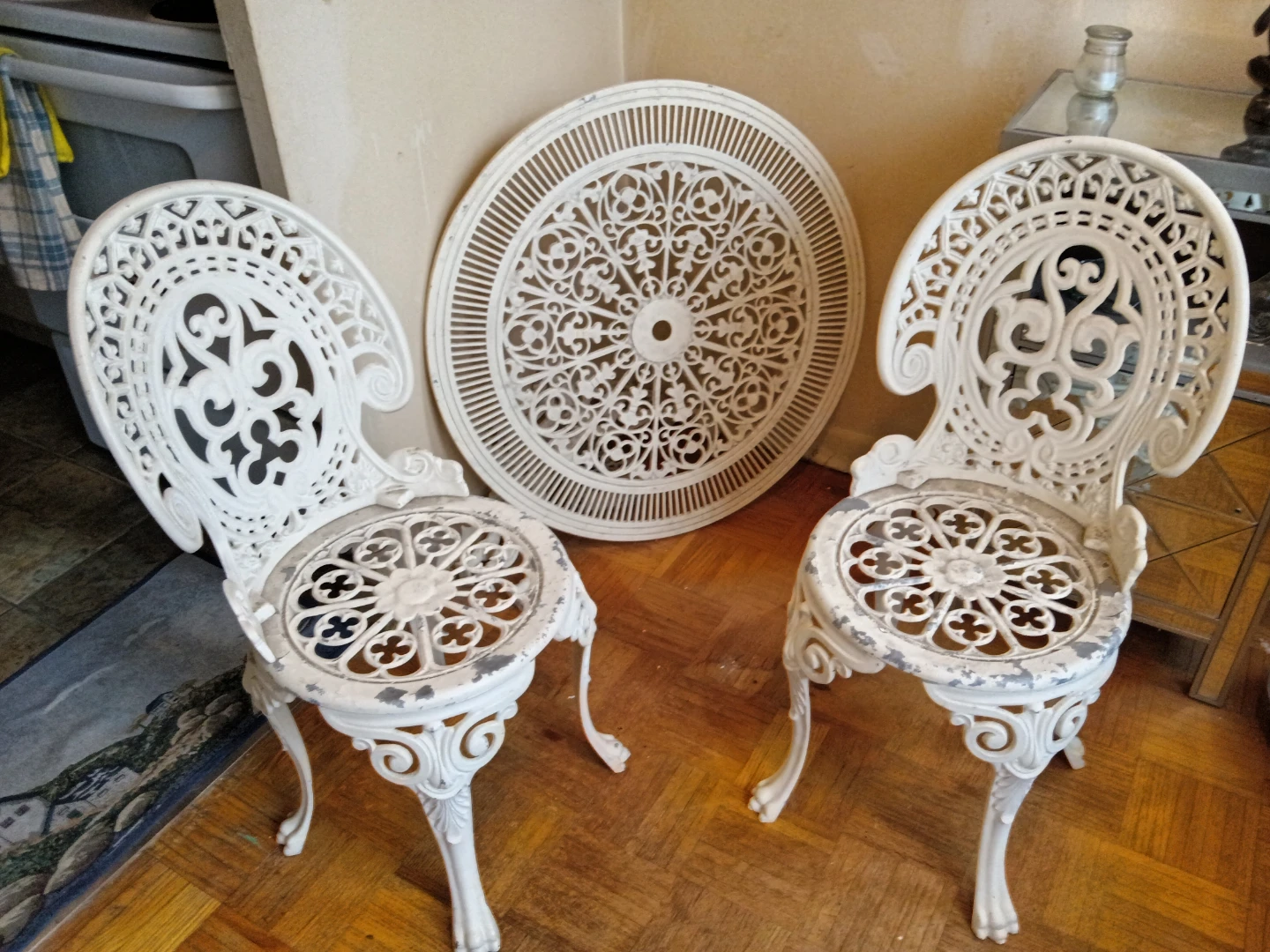 White Cast Iron Bistro Set - Table Top and Two Chairs