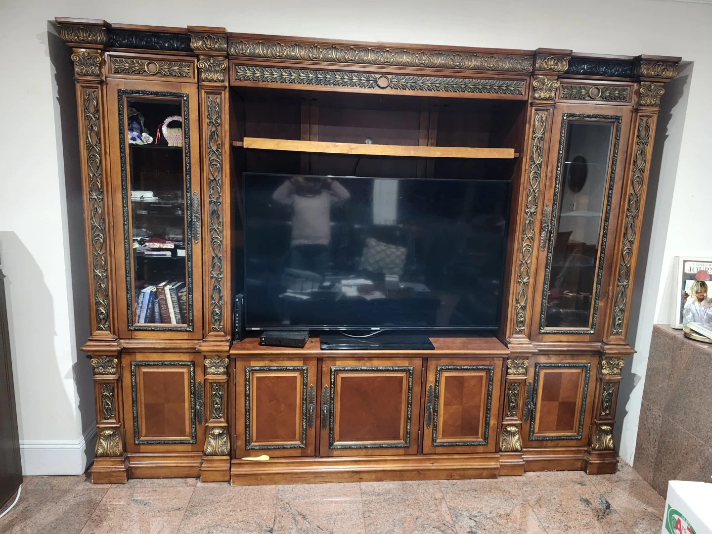 Large Wooden Entertainment Center with Glass Cabinets