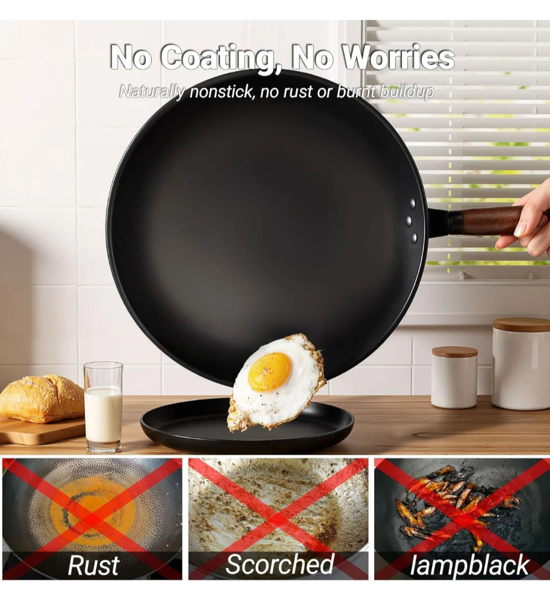 Pan 13.4 inch Carbon Steel Wok with Lid and Rack - photo 3