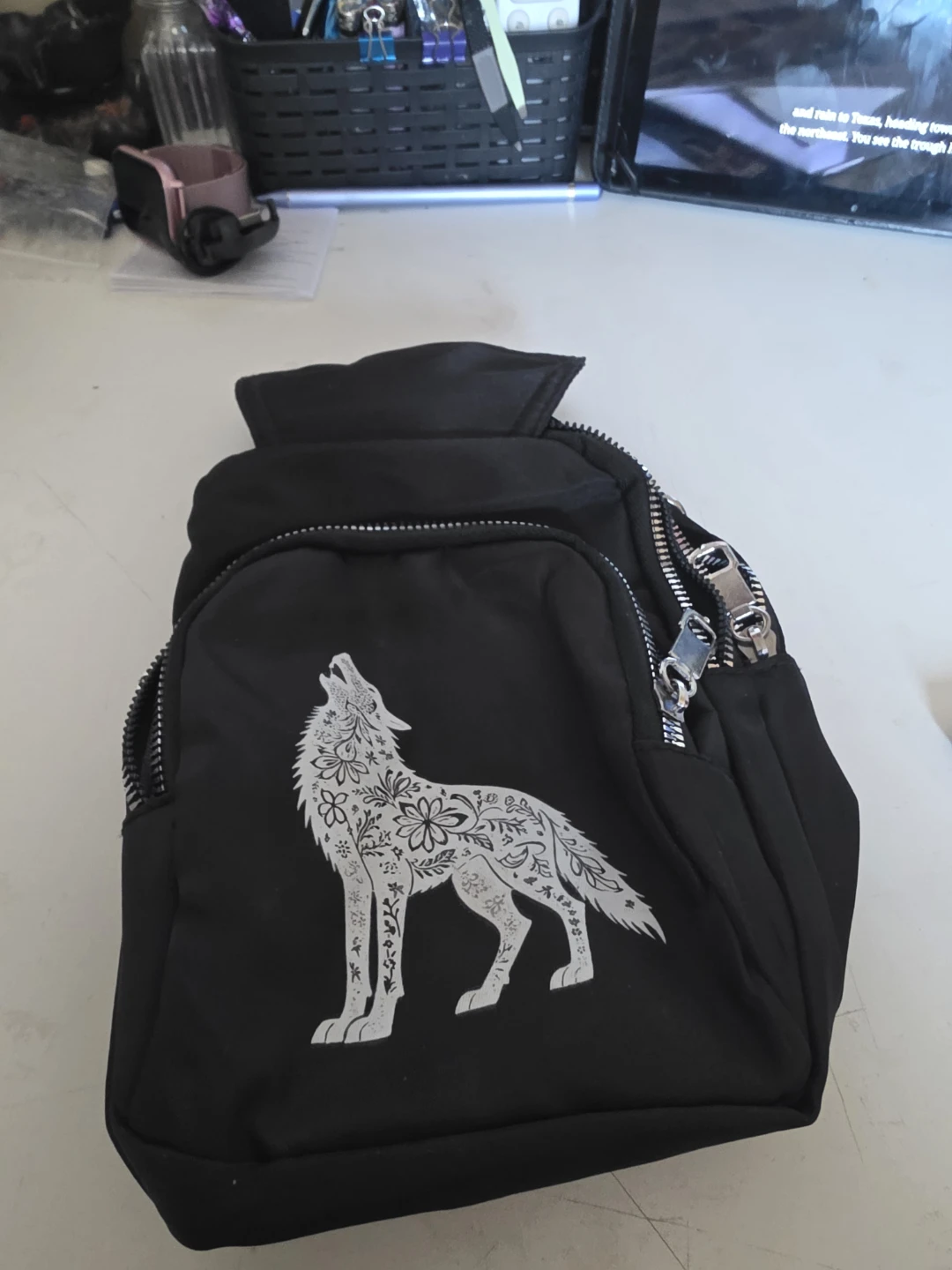 Black Small  Bag with Wolf Design