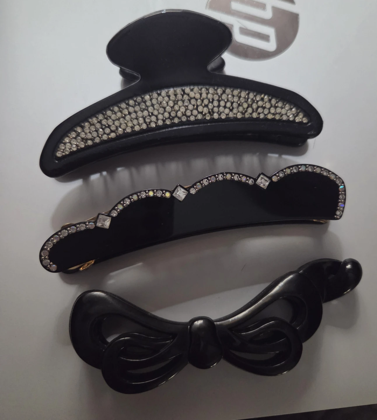 Set of 3 Black Hair Clips with Rhinestones