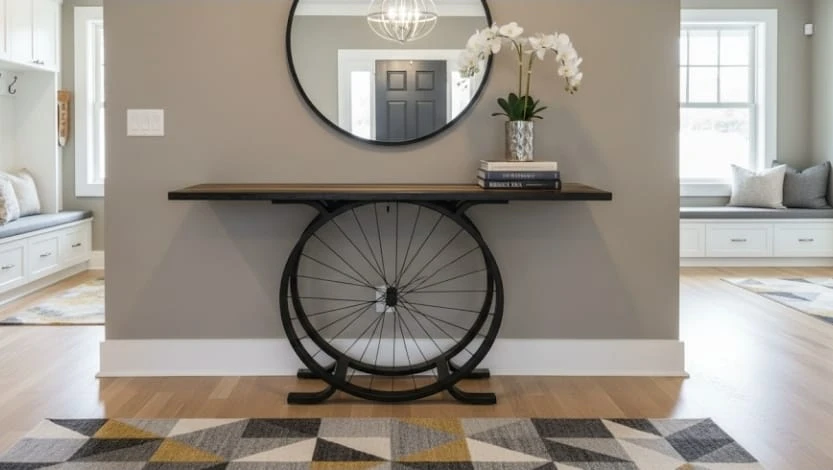 Wood and Epoxy Console Table with Bicycle Wheel Base - photo 2