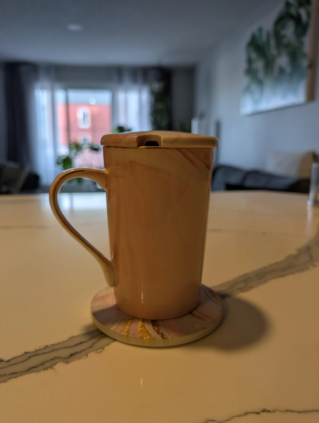 Pink Marble Mug with Lid and Coaster