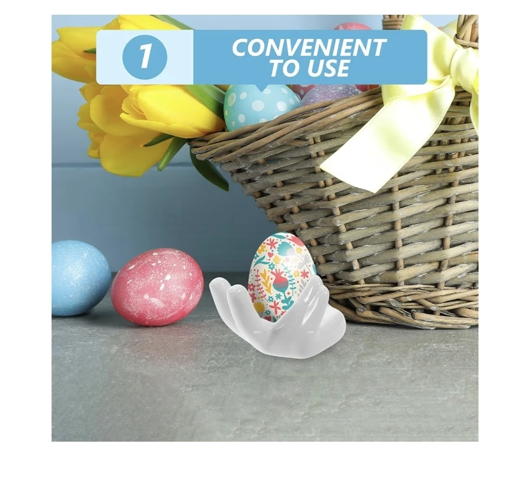 Brand New 6 White Ceramic Egg Cup Holder Hand Shape Stand - photo 3