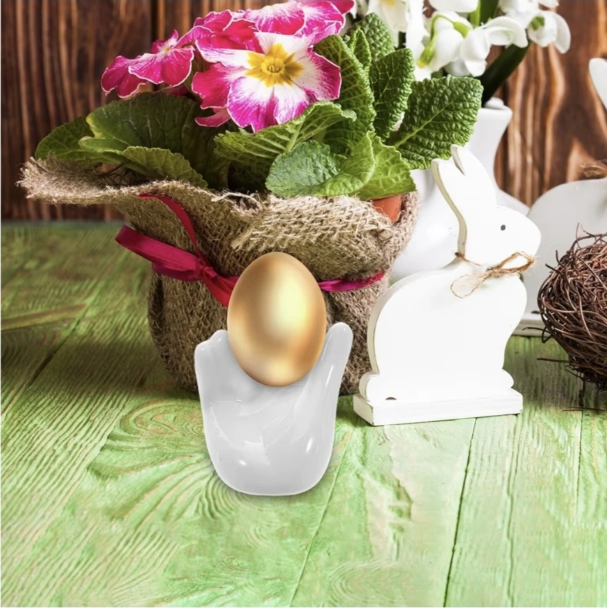 Brand New 6 White Ceramic Egg Cup Holder Hand Shape Stand - photo 5