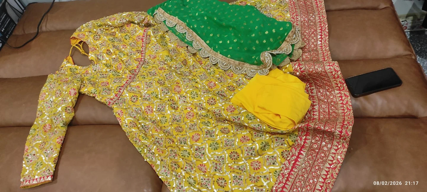 Yellow Sequined Anarkali Suit with stretchable pajami n Dupatta