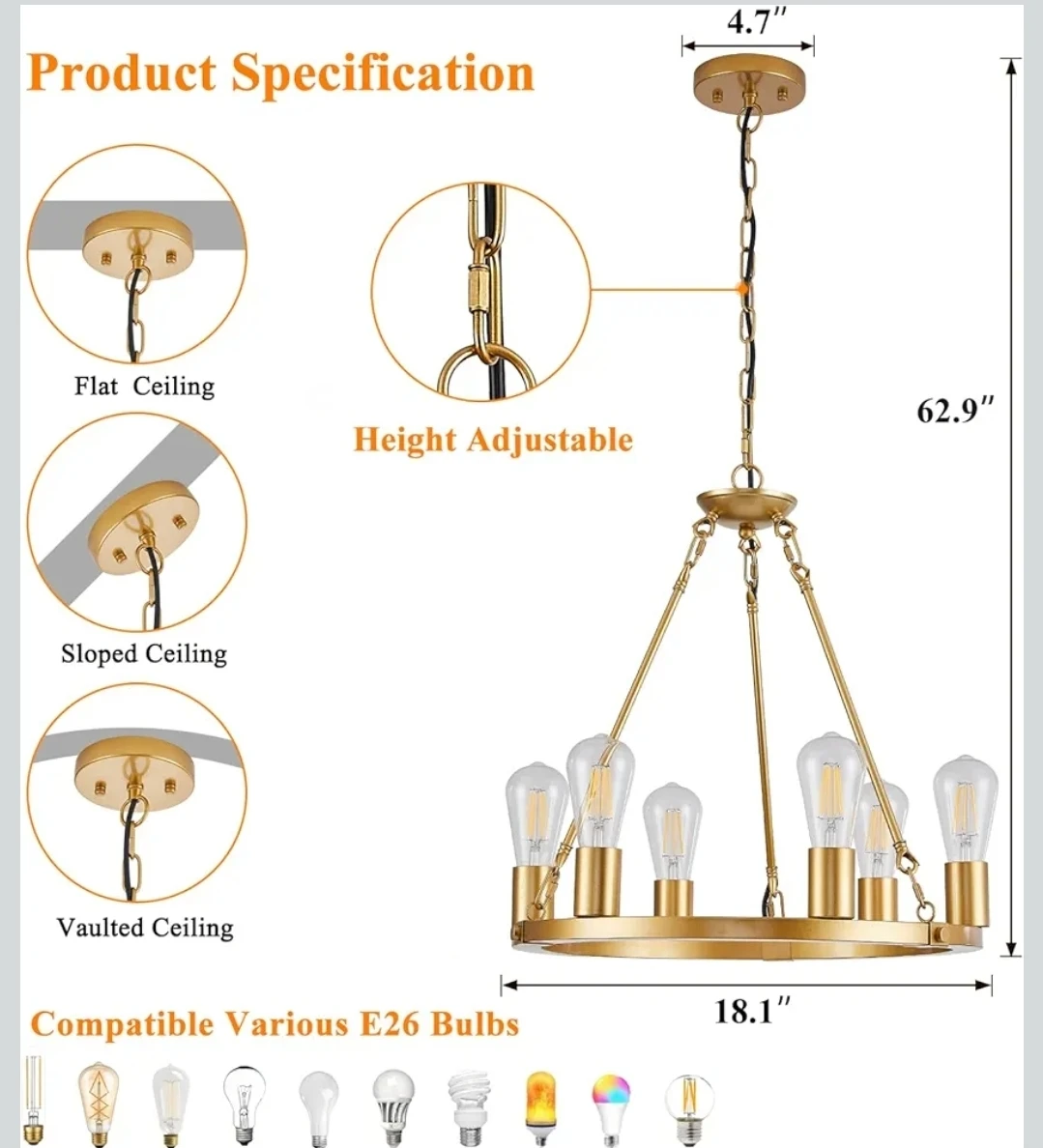 6-Light Gold Wagon Wheel Chandelier - photo 3
