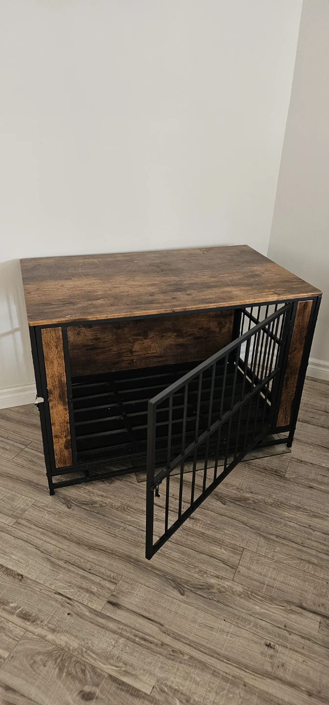 Wooden and Black Metal Dog Crate End Table