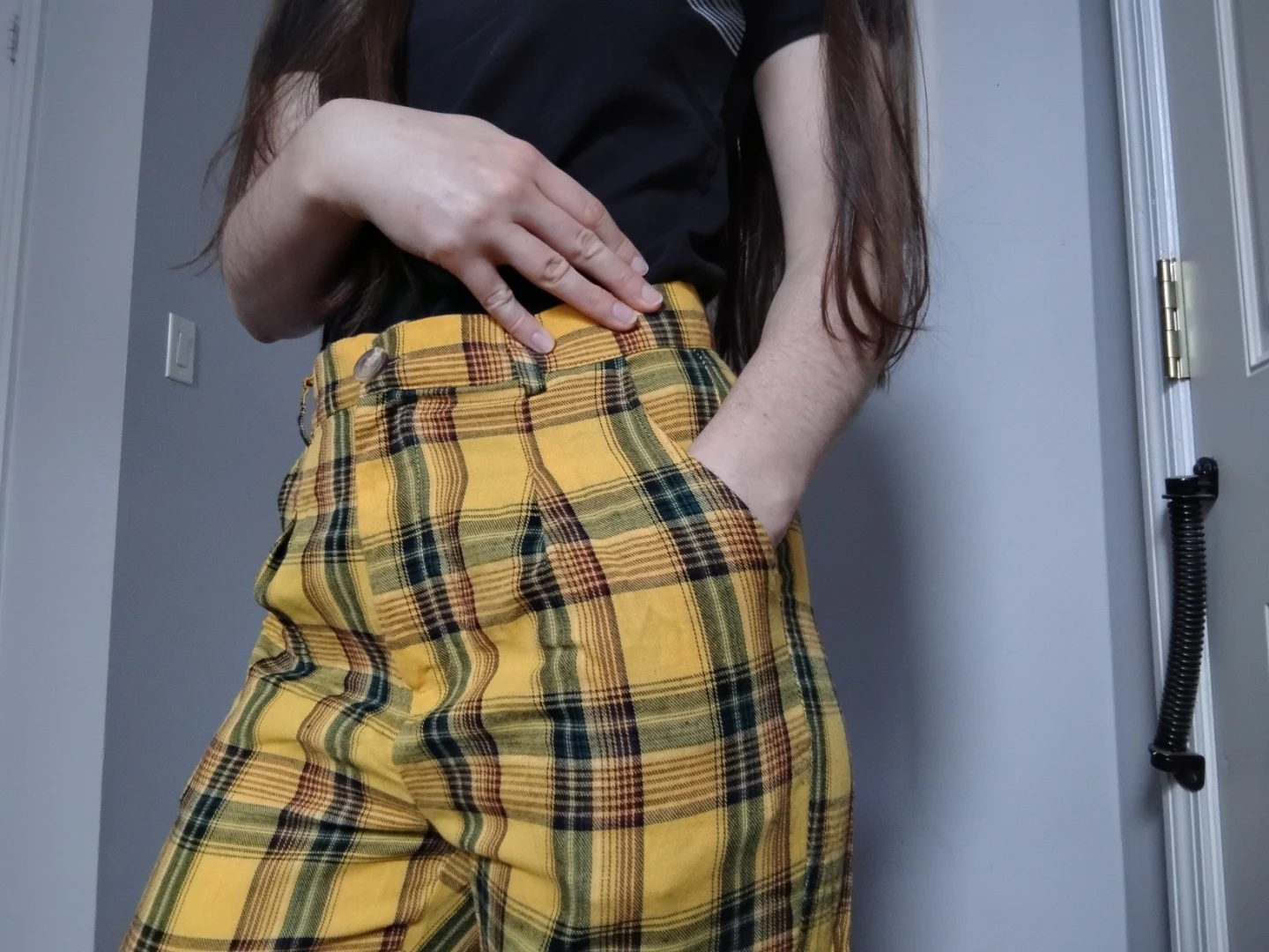 Yellow Plaid High-to-Mid Rise Pants - SHEIN - Small - photo 5
