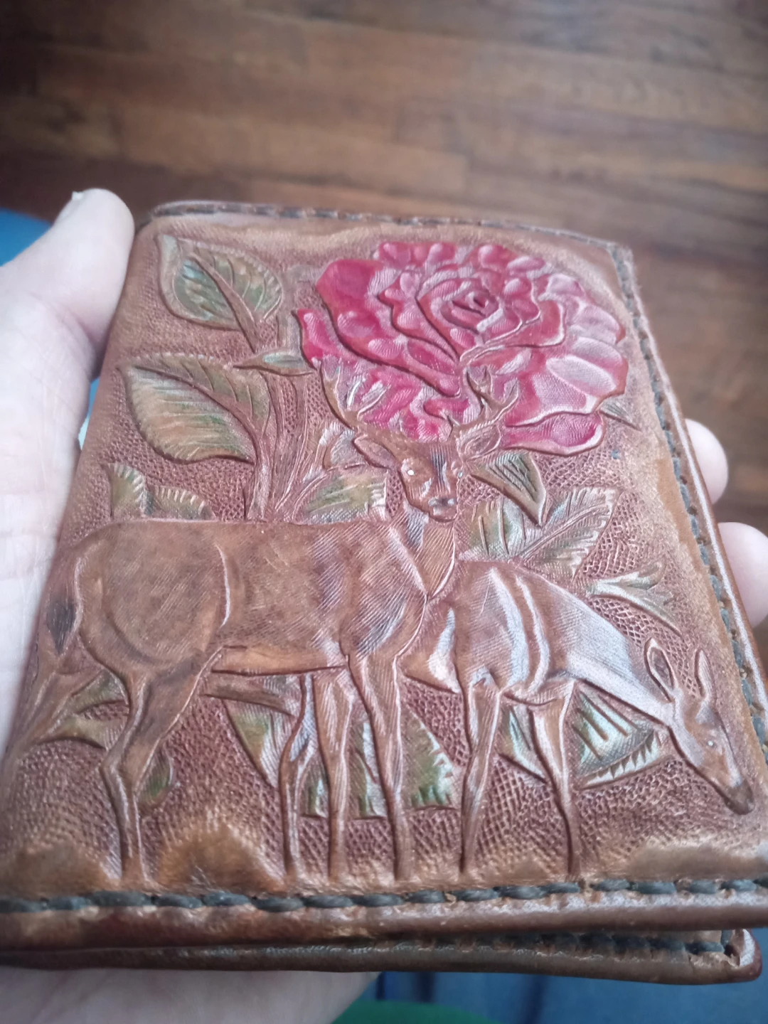 Embossed Leather Bifold Wallet with Deer and Roses