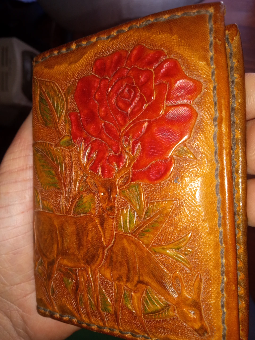 Embossed Leather Bifold Wallet with Deer and Roses - photo 5