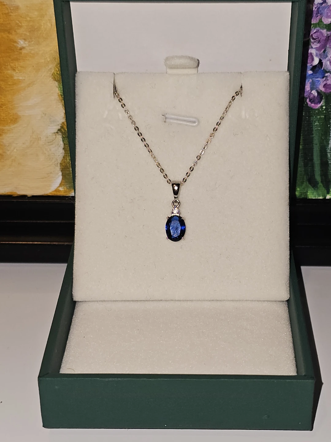 Sterling Silver Oval Blue CZ  Pendant Necklace