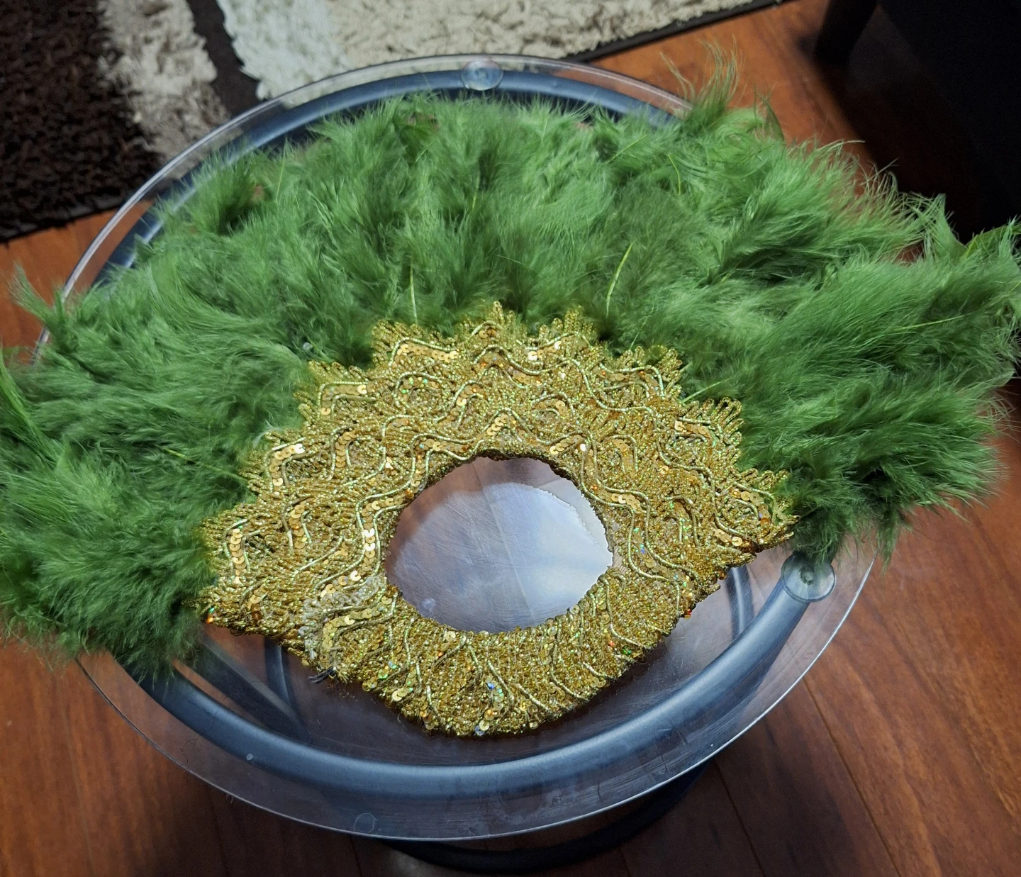 Green Feathered handheld fan with Gold Embellishments