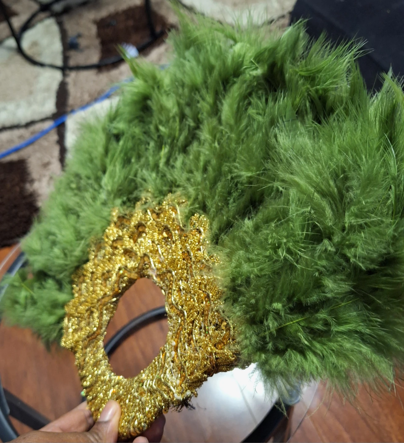 Green Feathered handheld fan with Gold Embellishments - photo 2