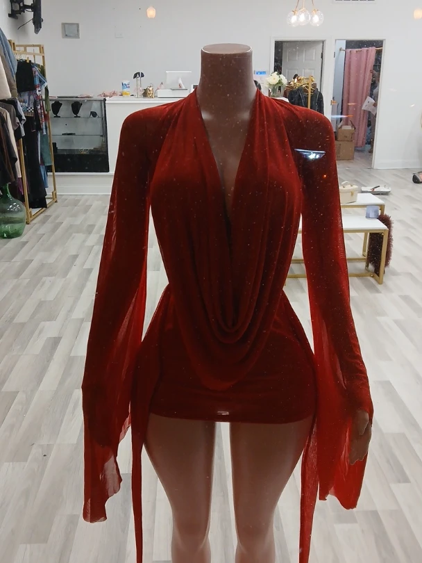 Sparkly Red Long Sleeve Drape Dress