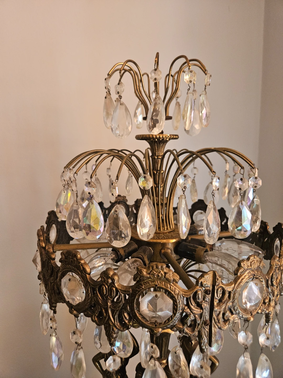 Antique Ornate Crystal & Brass Table Lamp with Figural Base