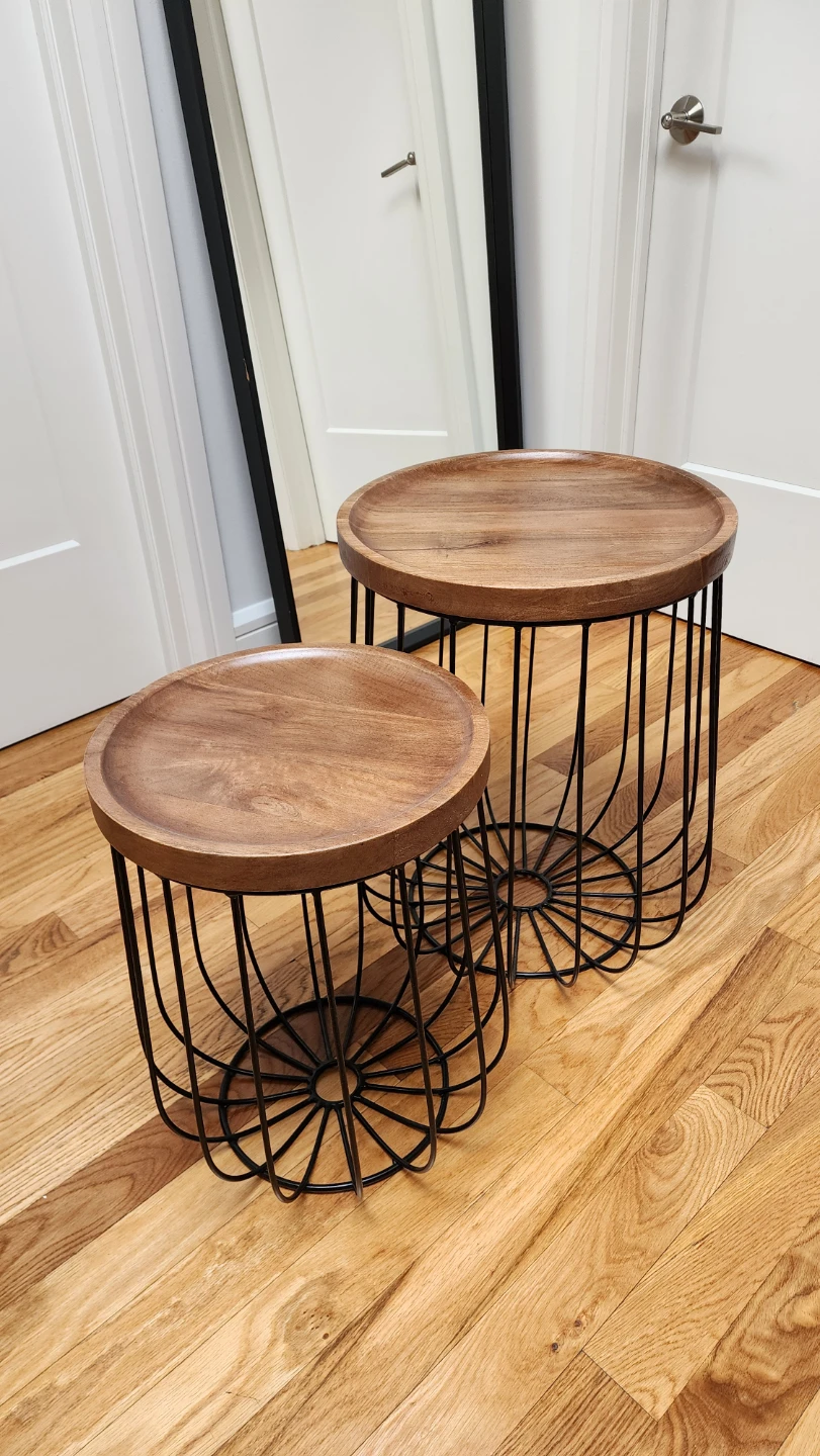 Set of 2 Round Wood Top Nesting Side Tables with Metal Wire Base