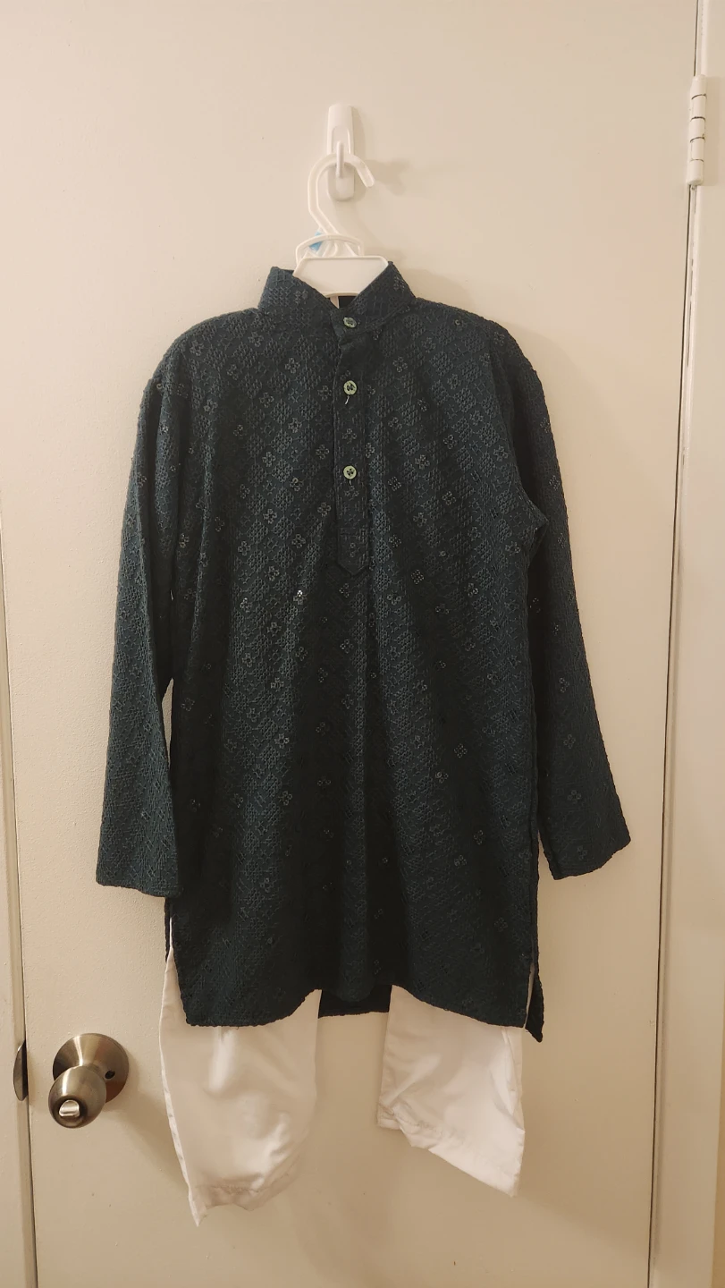 Green Embroidered Kurta and White Pajama Set