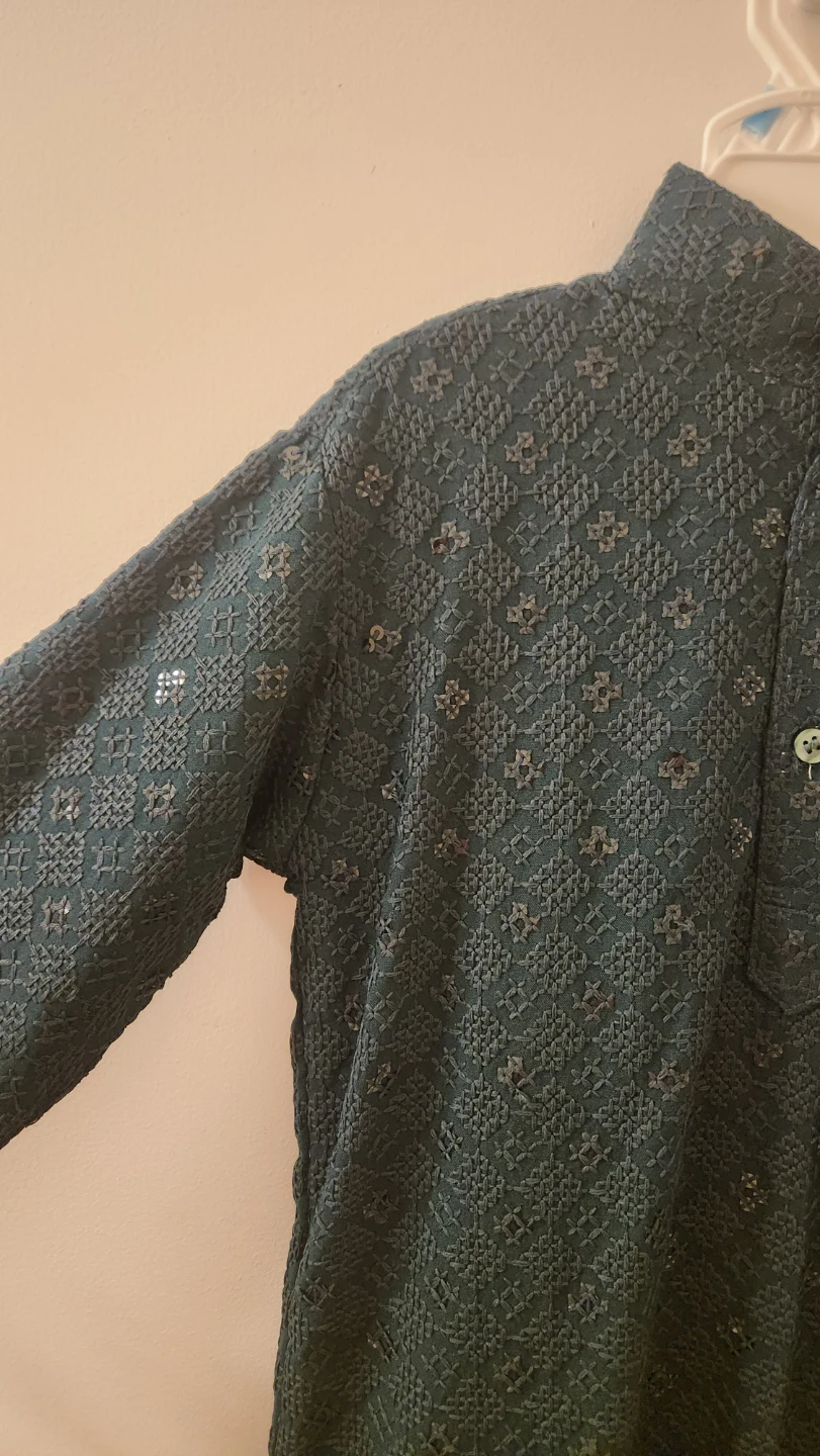 Green Embroidered Kurta and White Pajama Set - photo 3
