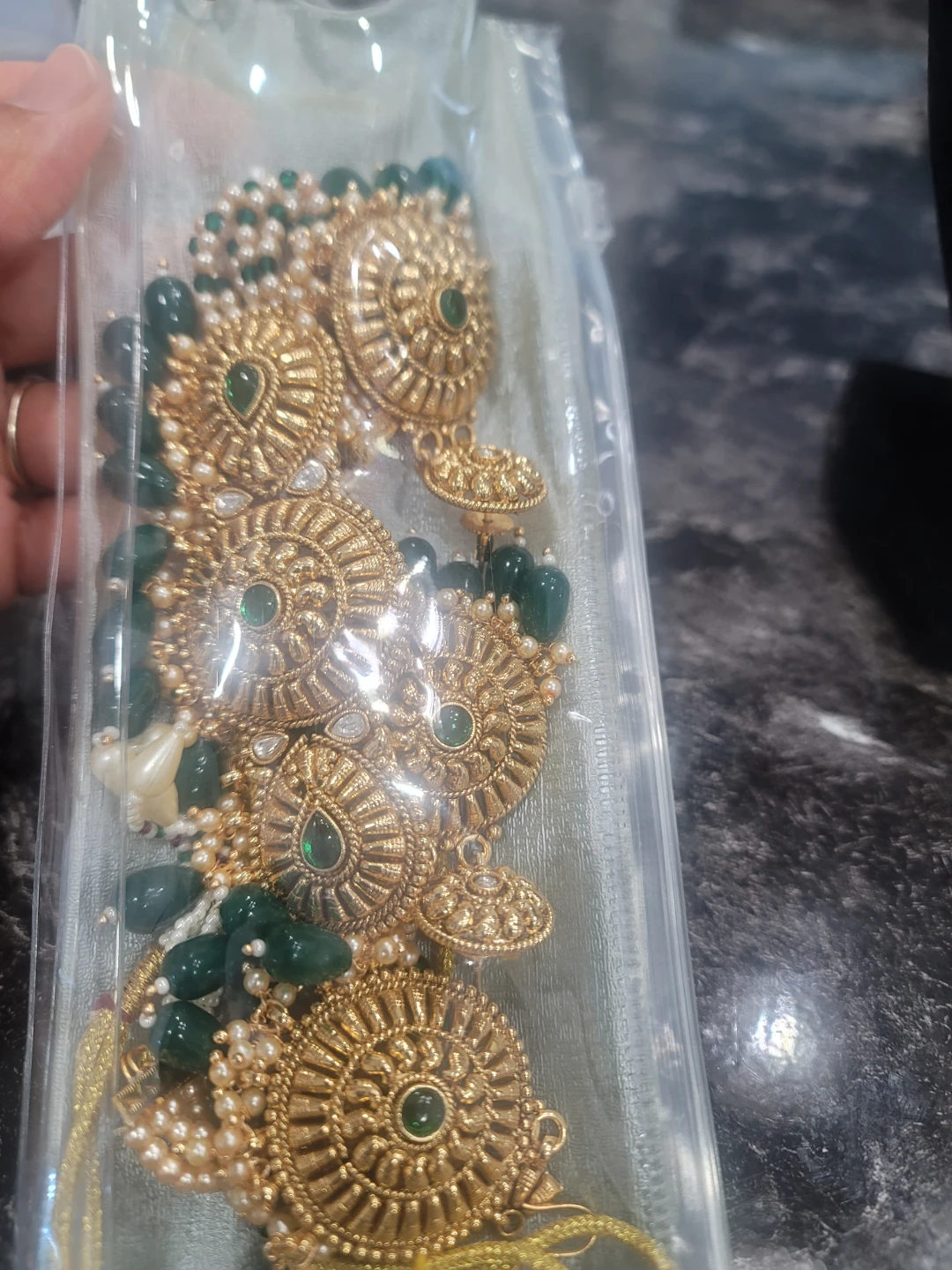 Gold Tone Necklace, Earring, and Tikka Set with Green Beads