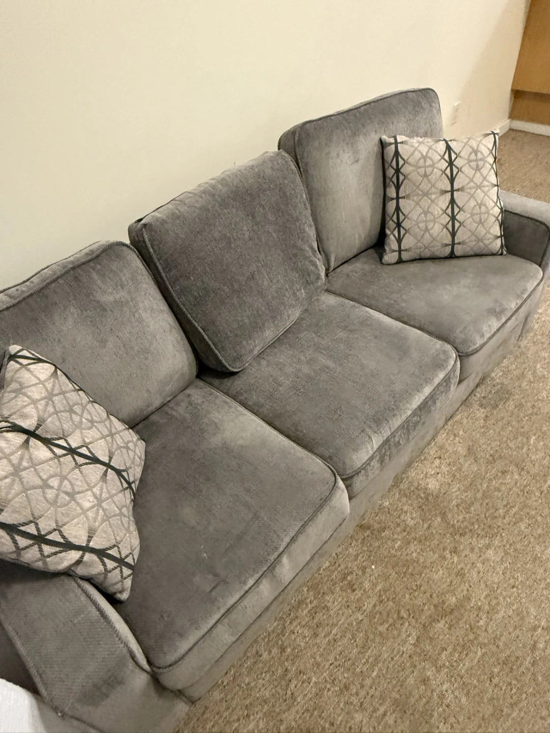 Grey Velour Sofa with 2 Decorative Pillows