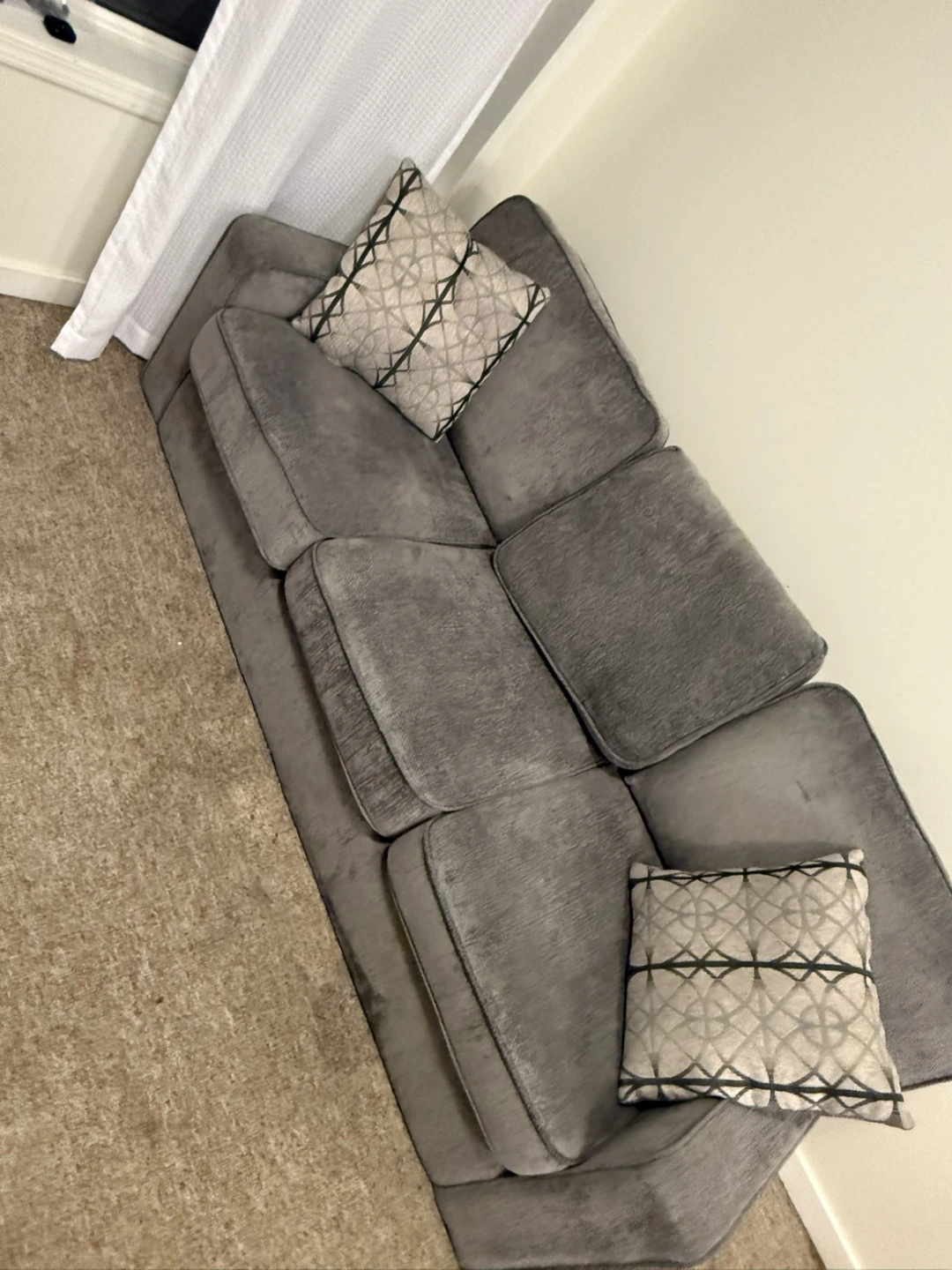 Grey Velour Sofa with 2 Decorative Pillows - photo 3