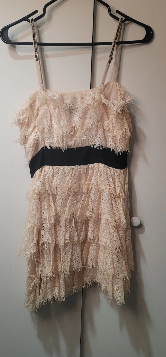 Cream Lace Tiered Dress with Black Belt