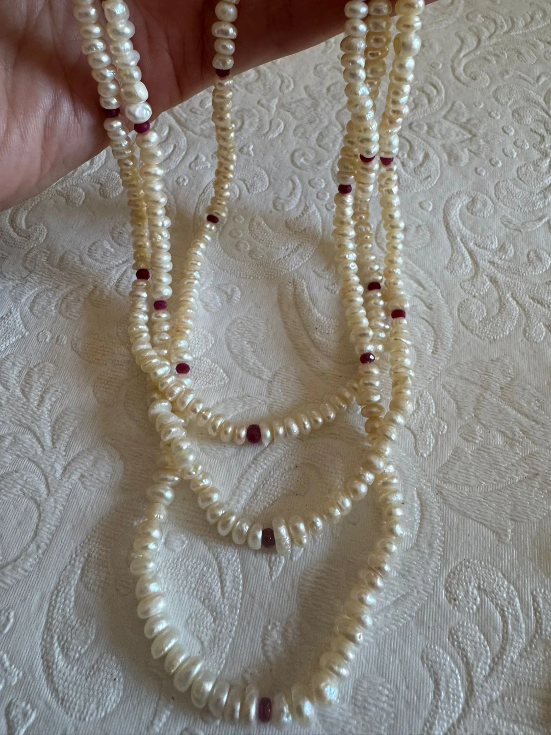 Pearl Necklace and Earring Set with Ruby Accents