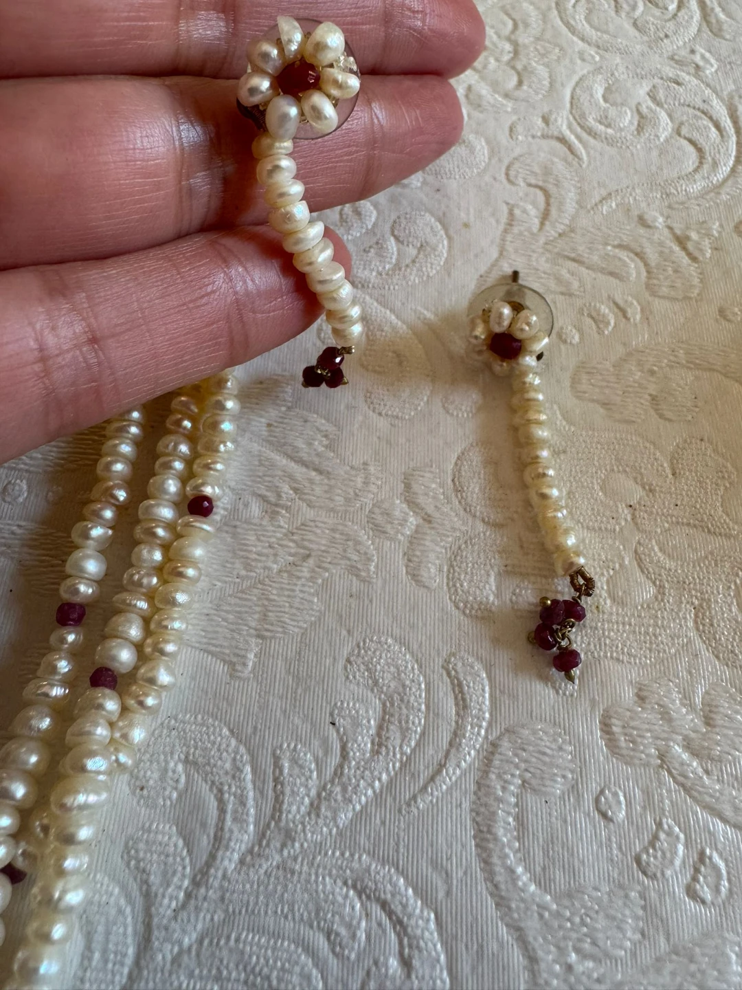 Pearl Necklace and Earring Set with Ruby Accents - photo 2